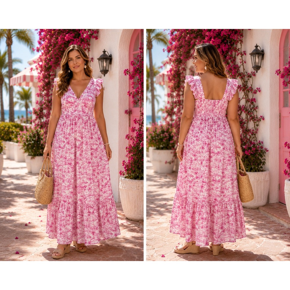 Skies Are Blue Pink Toile Print Ruffle Sleeve Smocked Back Maxi Tiered Dress 2XL